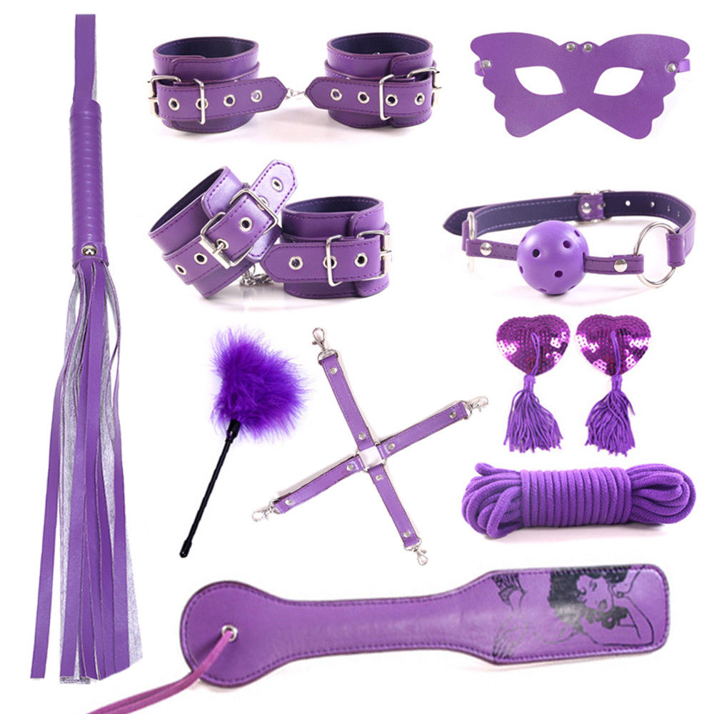 High Grade Leather 10PC Bondage set Restraints toys BDSM Purple Leather